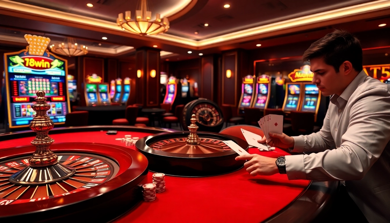 Engaged players enjoying a luxurious gaming experience at 78Win casino tables, featuring vibrant slot machines.