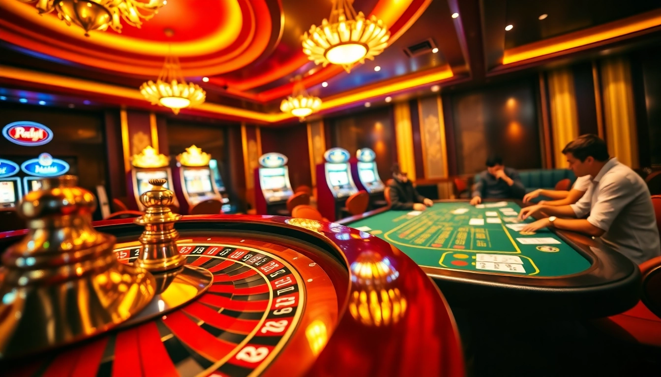 Join the thrilling action at https://red88.br.com/ with players at a poker table and roulette wheel.