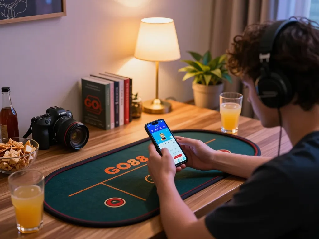 Person engaging with the GO88 app on a smartphone during an online gaming session, surrounded by a cozy atmosphere