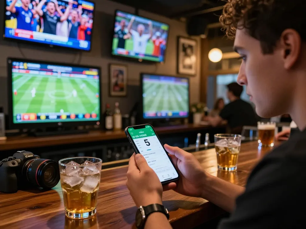 Tỷ lệ kèo nhà cái 5 displayed on smartphone in a vibrant sports bar setting