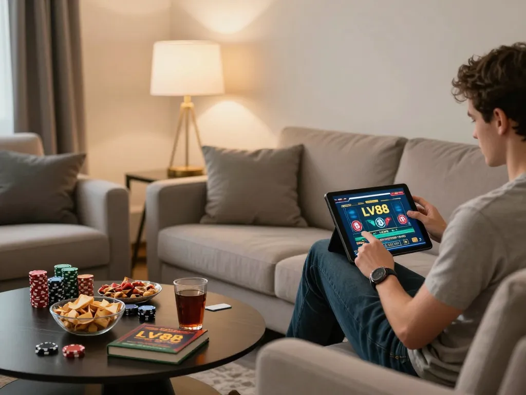 Player engaging in LV88 casino games on a cozy sofa, highlighting strategic online gameplay.