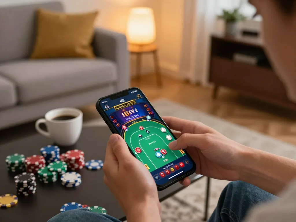 Engaging moment of online poker gameplay on qq88 app in a cozy home setting