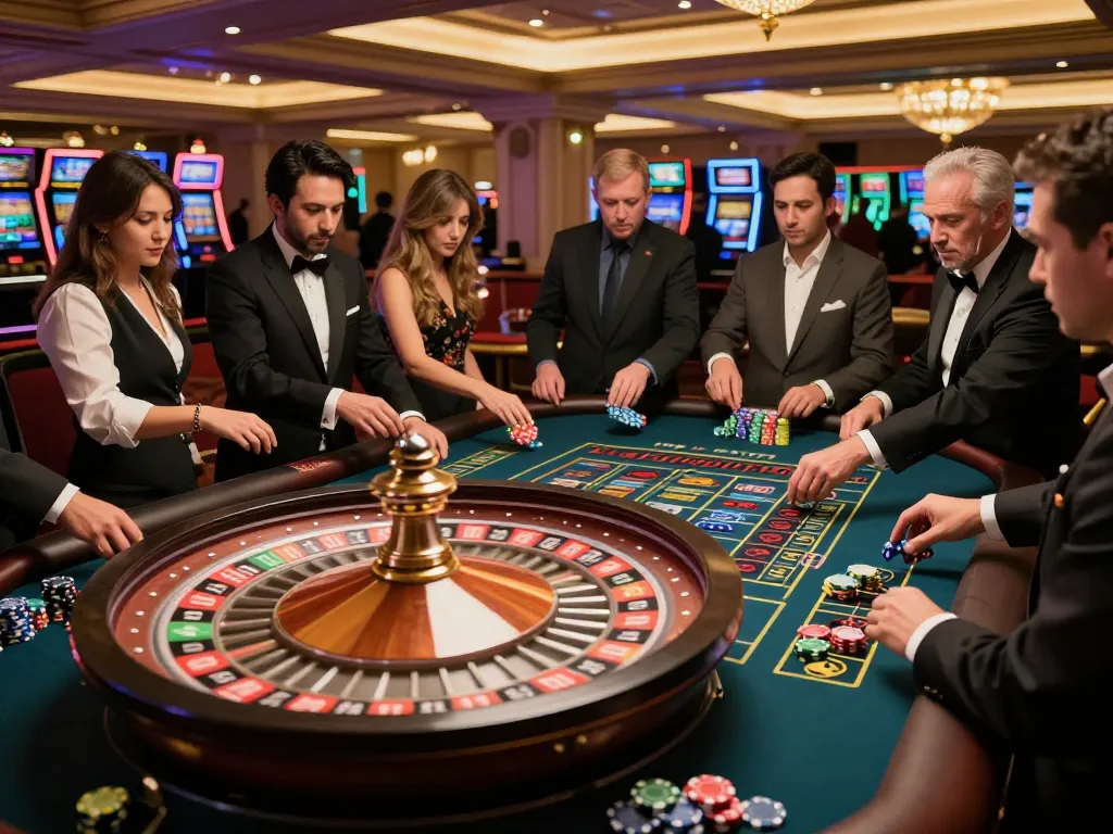Experience the excitement of vin88a with players betting at a vibrant roulette table.