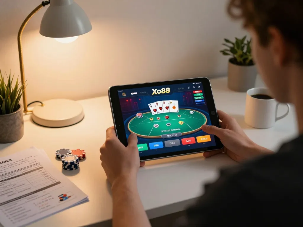 Engaging with Xo88 online casino through tablet, enjoying strategic poker gameplay in a cozy environment