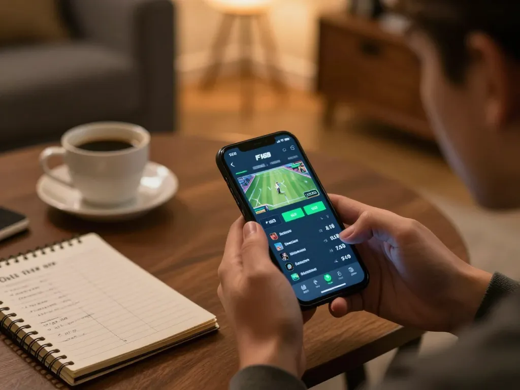 Player engaging in F168 mobile betting app while enjoying coffee, showcasing responsible gaming