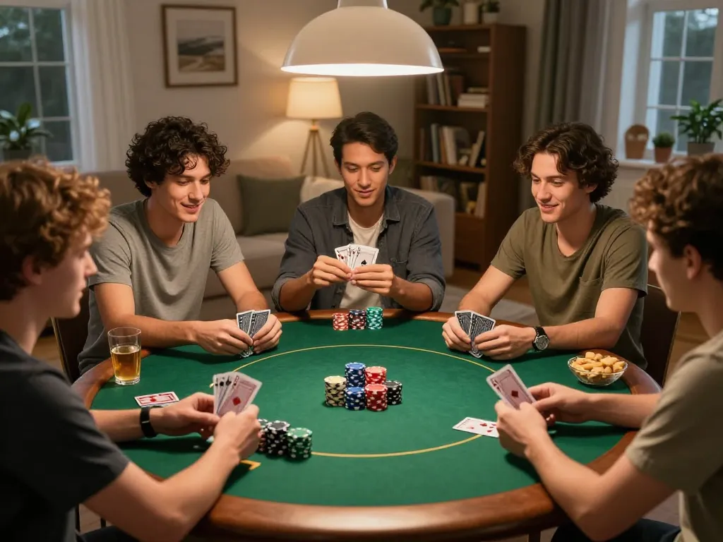 Friends engaging in a thrilling poker game at home, showcasing the strategic aspect of vk88 gambling.