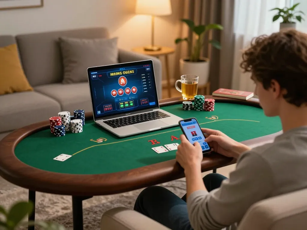 Person playing poker online at home with ee88go on laptop and smartphone, showcasing strategic gameplay.