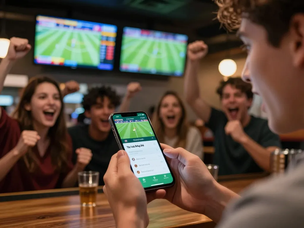 Tỷ Lệ Bóng Đá displayed on a mobile betting app at a crowded sports bar.