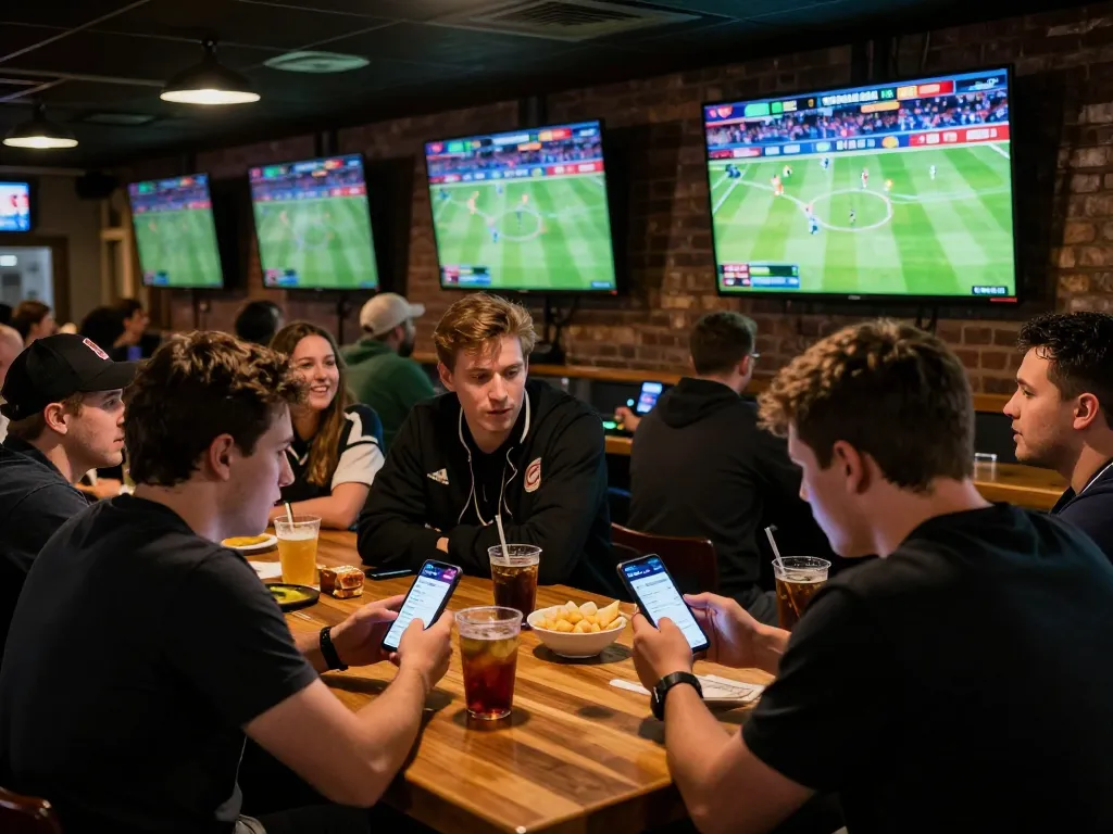 Keceriaan taruhan olahraga SBOBET di bar perkotaan yang ramai dengan teman-teman yang terlibat dalam analisis permainan langsung.