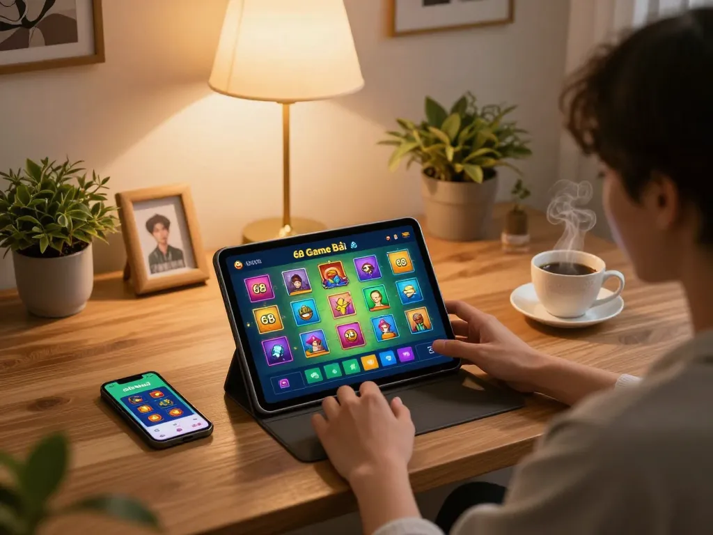 Engaged player using the 68 Game Bài app on a tablet in a cozy home setting with warm lighting.