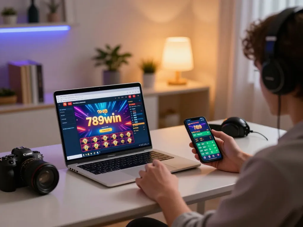 Engaging user playing on 789win online casino platform, showcasing modern gaming setup.