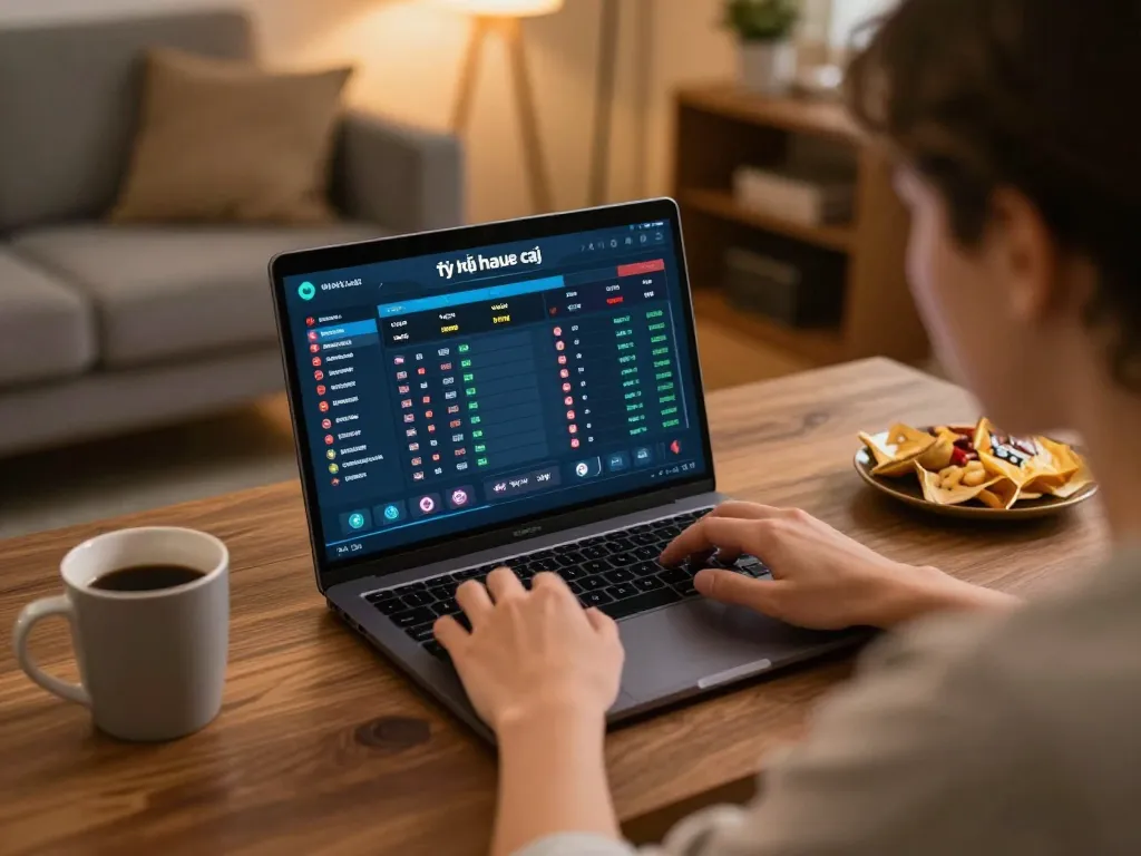 Engaged player analyzing tỷ lệ nhà cái on their laptop during an online gaming session at home.