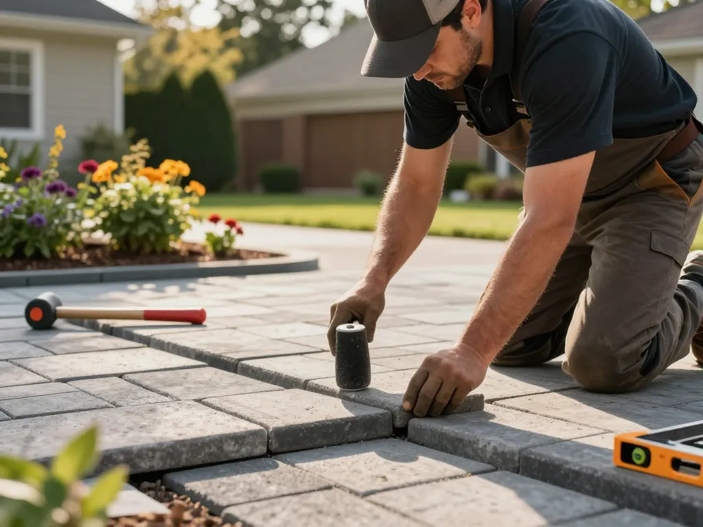 Expert installation by paver contractors near me transforms a backyard with luxurious stone pavers.