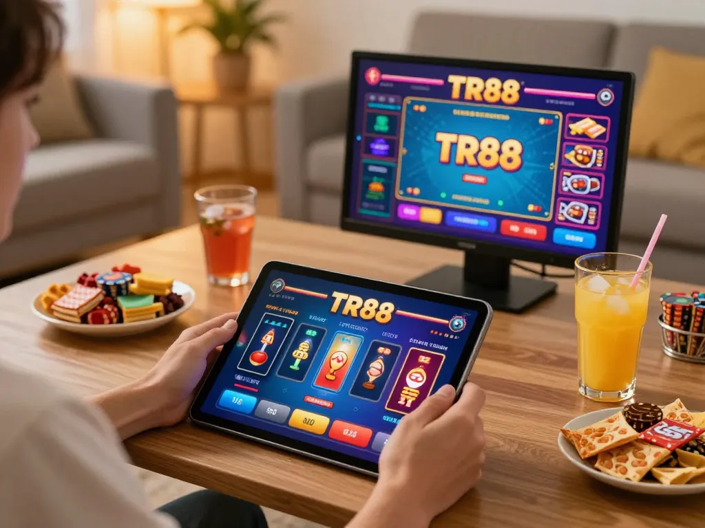 Player engaging in TR88 casino games on a tablet in a cozy home environment.