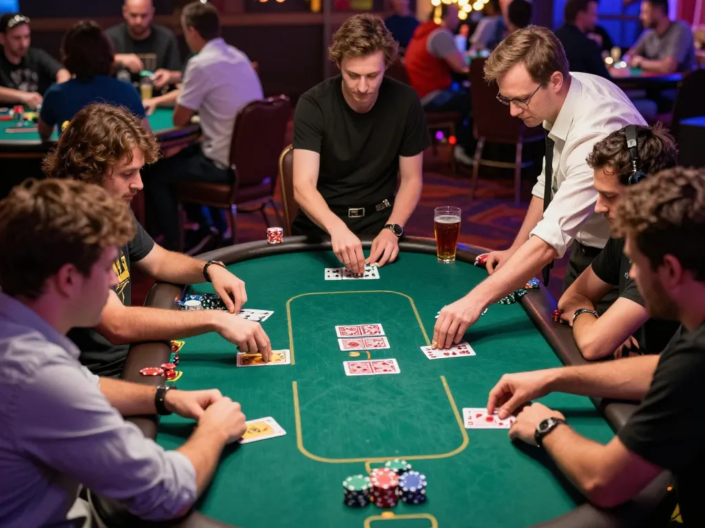 Players enjoying a thrilling poker game at a casino, showcasing strategic moves in sky88c.
