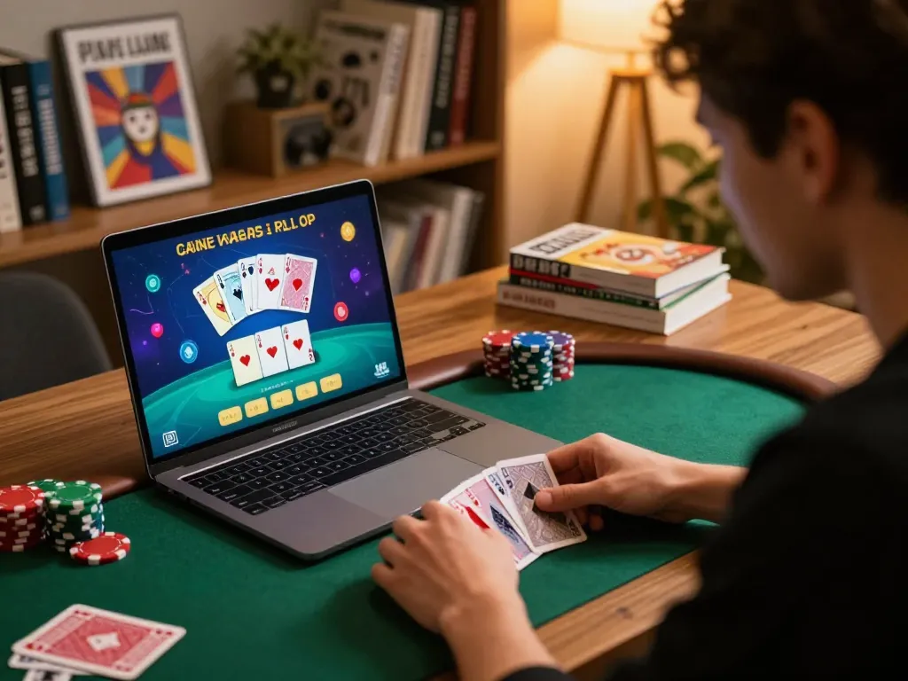 Xo88 player involved in strategic poker session using laptop in stylish home office.