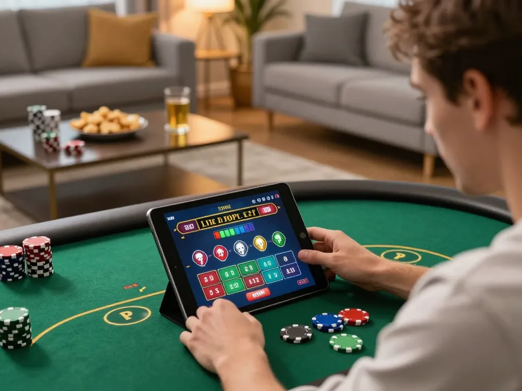 Engaging in online poker on cm88 com tablet with user-friendly interface and cozy home setting.