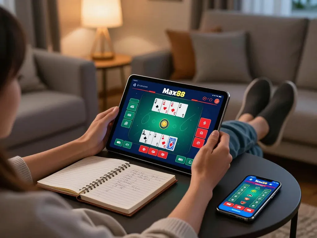 Max88 user enjoying online poker on tablet, showcasing strategic gaming in a cozy home environment.