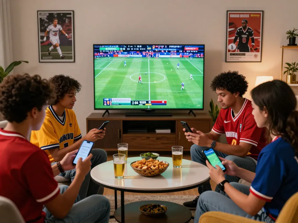 SBOBET enthusiasts enjoying a live sports betting experience with friends, surrounded by sports memorabilia.