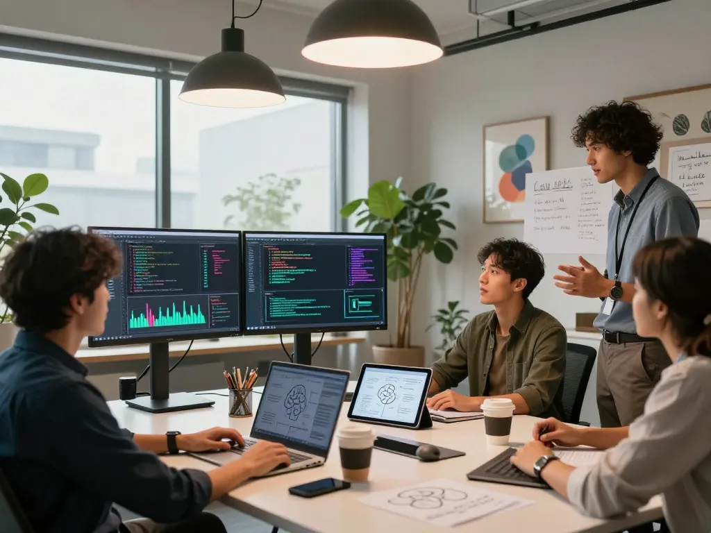 Team collaborating on mind control AI project, showcasing diverse developers and high-tech workspace.