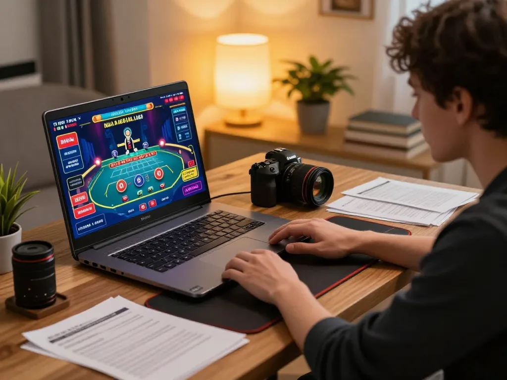 Participant engaged in online gaming at Nhà cái Luck8, showcasing live dealer interface on laptop.