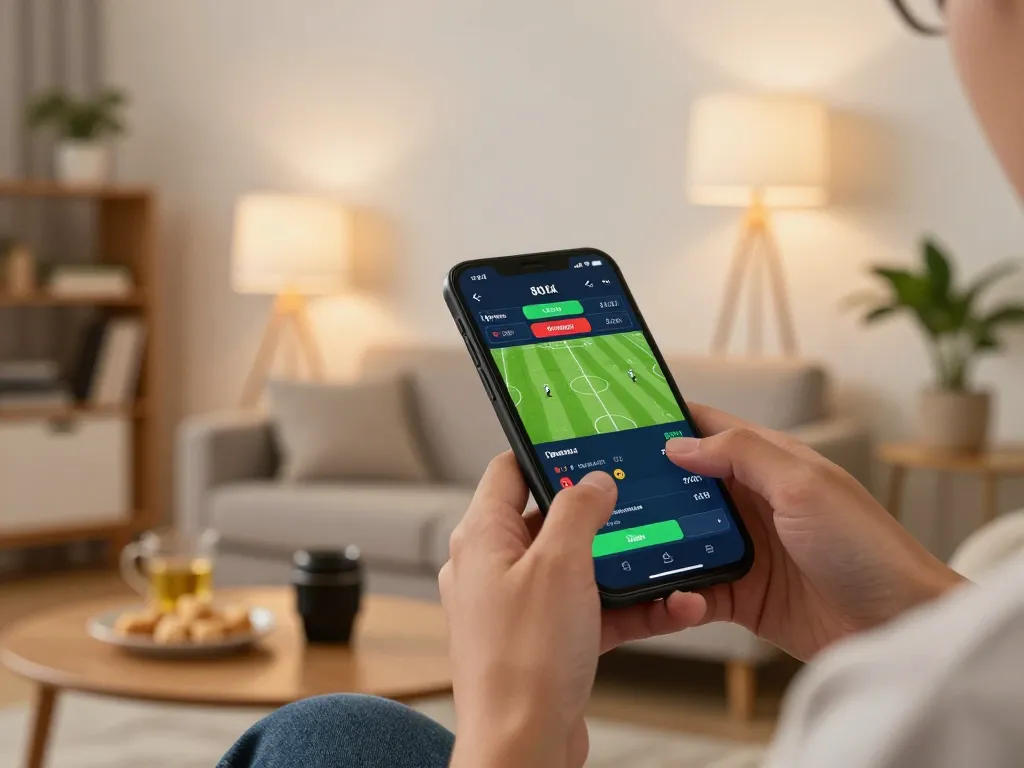 Person engages in sports betting at home on f168 app with smartphone in hand.