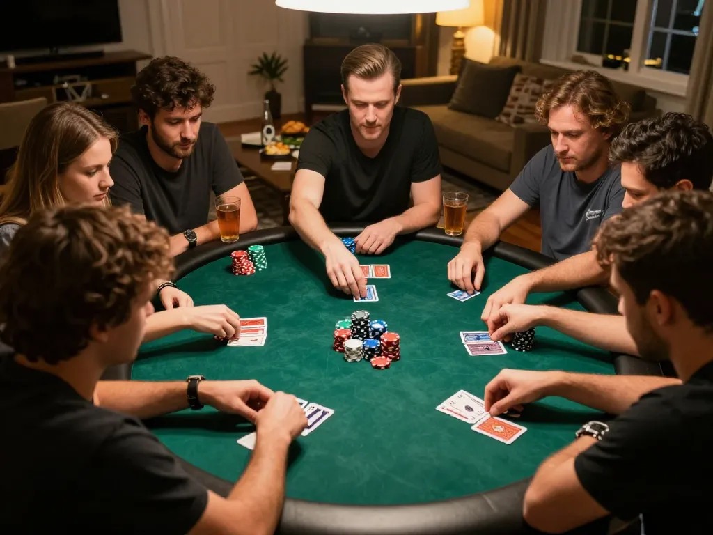 Players enjoying a friendly gambling night with LUCKY88 poker, featuring focused card gameplay and social interaction.