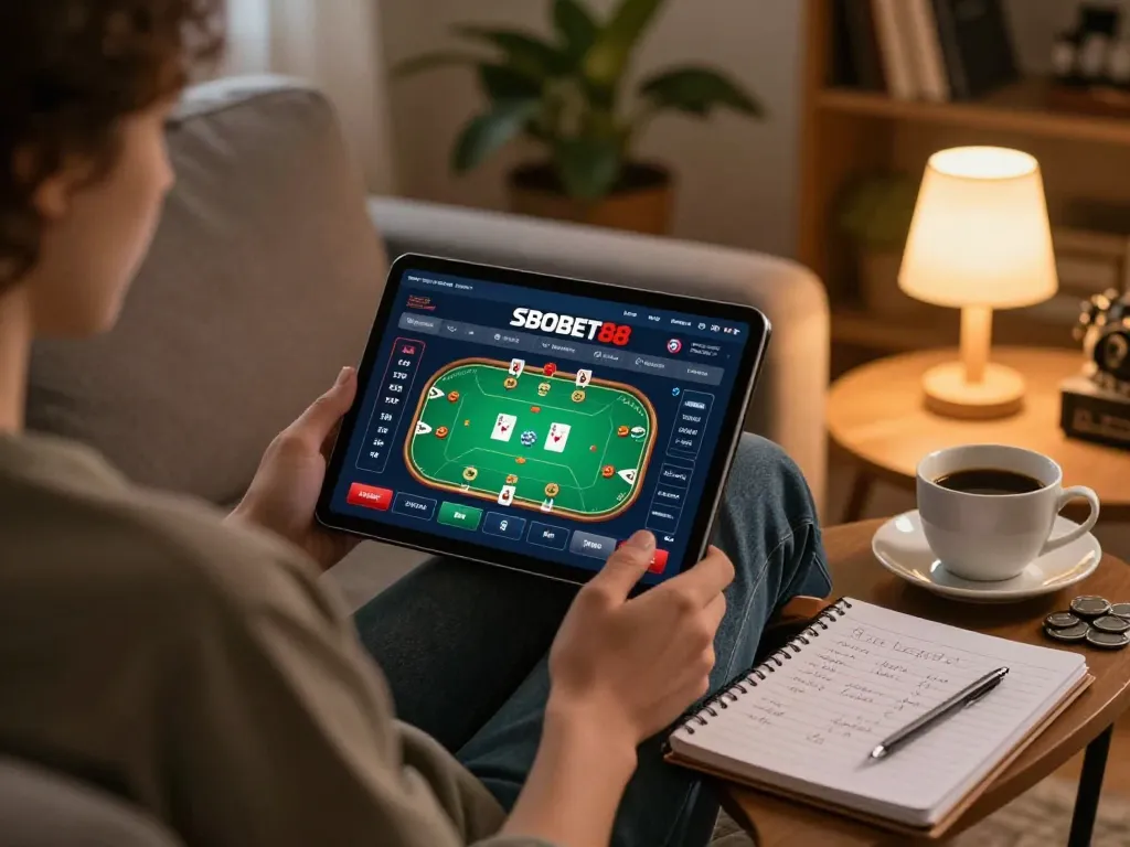 Antarmuka perjudian online SBOBET88 ditampilkan di tablet selama sesi permainan santai di rumah.