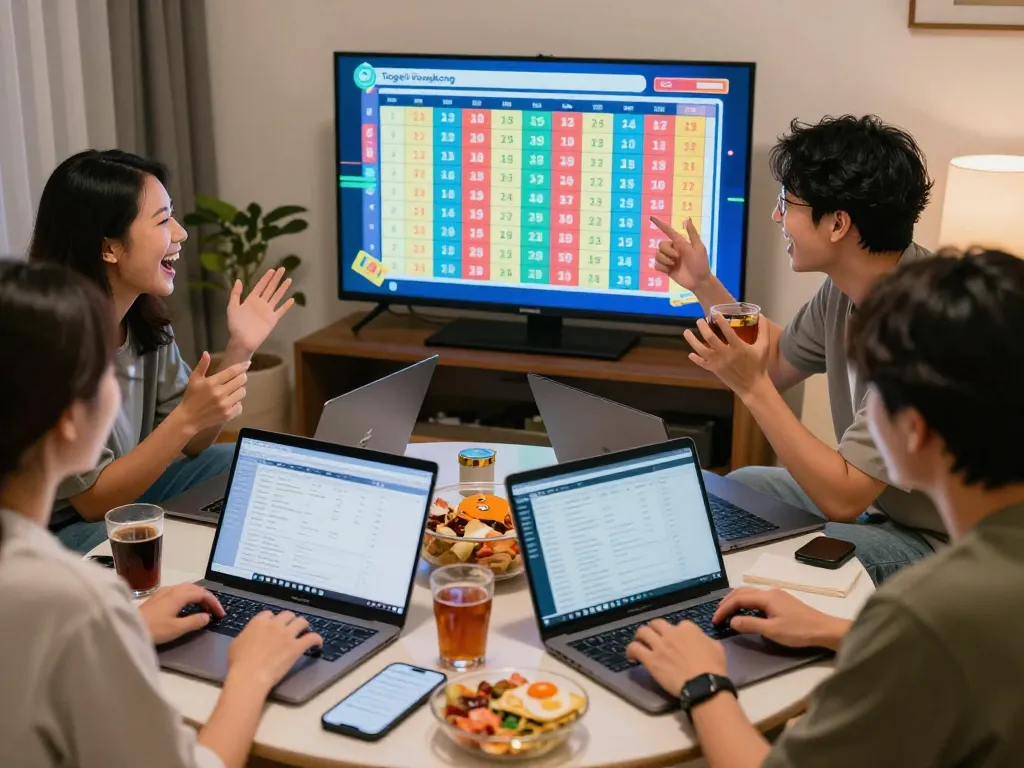 Teman-teman dengan bersemangat mengikuti hasil Togel Hongkong di layar digital di ruang tamu yang nyaman.