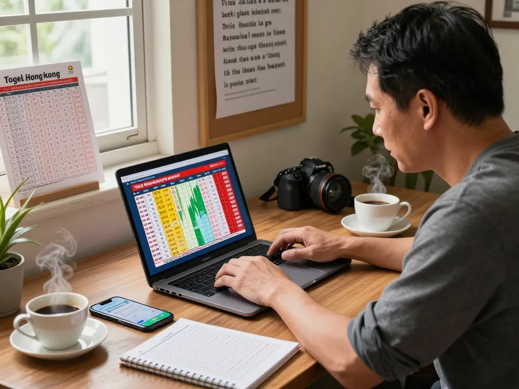 Pemain yang terlibat menganalisis hasil Togel Hongkong di laptop, dikelilingi oleh materi taruhan dan grafik.