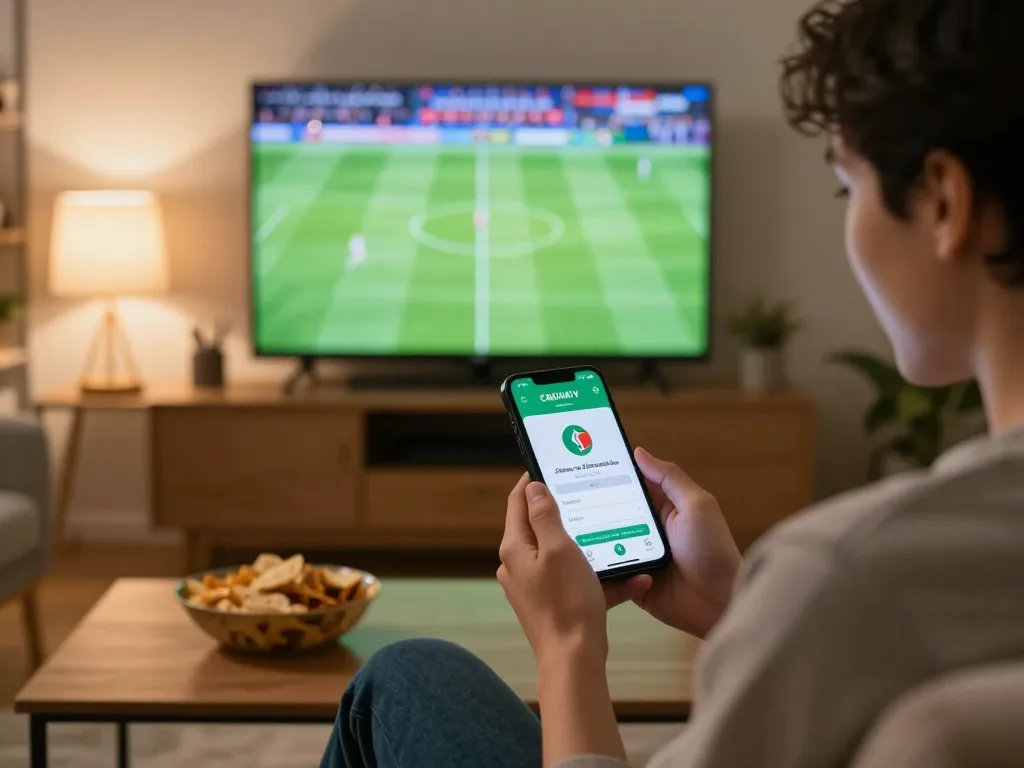 Person using CAKHIATV app for live sports betting on smartphone, surrounded by a cozy home setting.