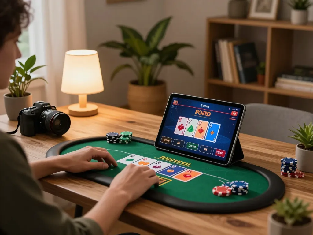 Engaging in online gambling with 78winbiz on a tablet, showcasing poker game dynamics.