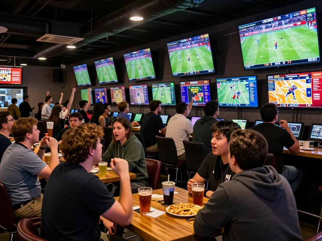 Betting enthusiasts analyzing tỷ lệ cá cược in a bustling sports bar while watching live games.