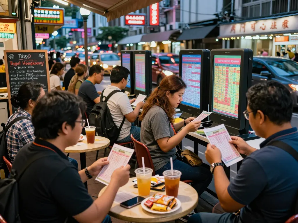 Pemain Togel Hongkong dengan antusias meninjau tiket lotere di lokasi taruhan yang meriah