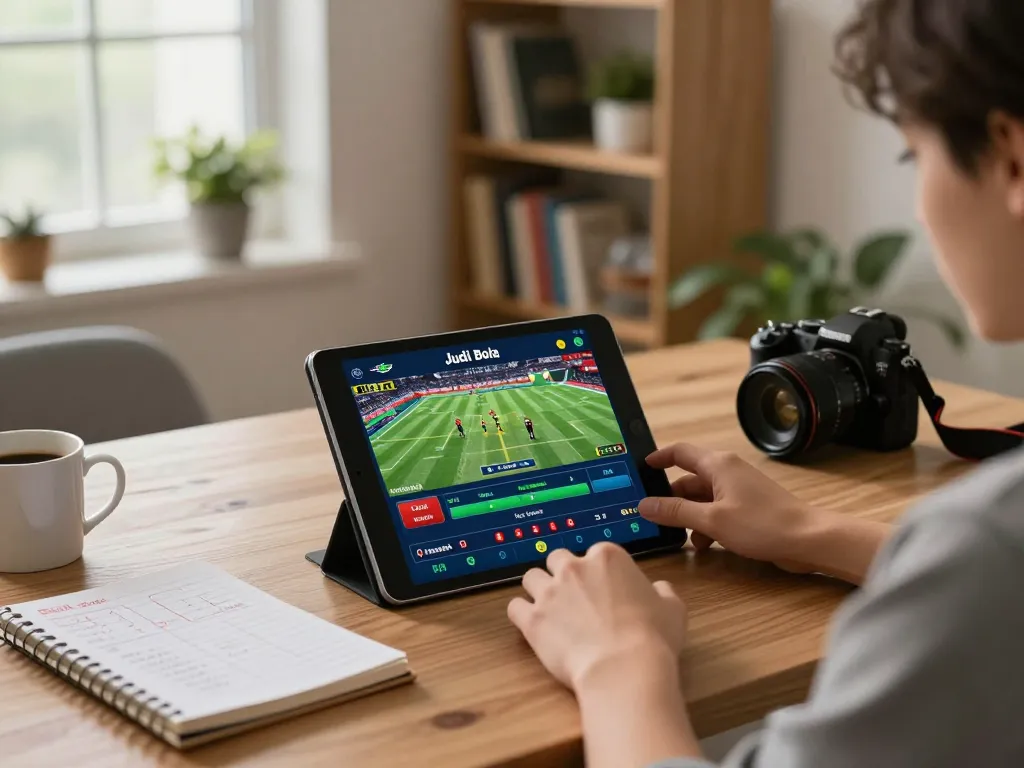 Pemain yang terlibat menggunakan tablet untuk judi bola selama sesi permainan santai di rumah.