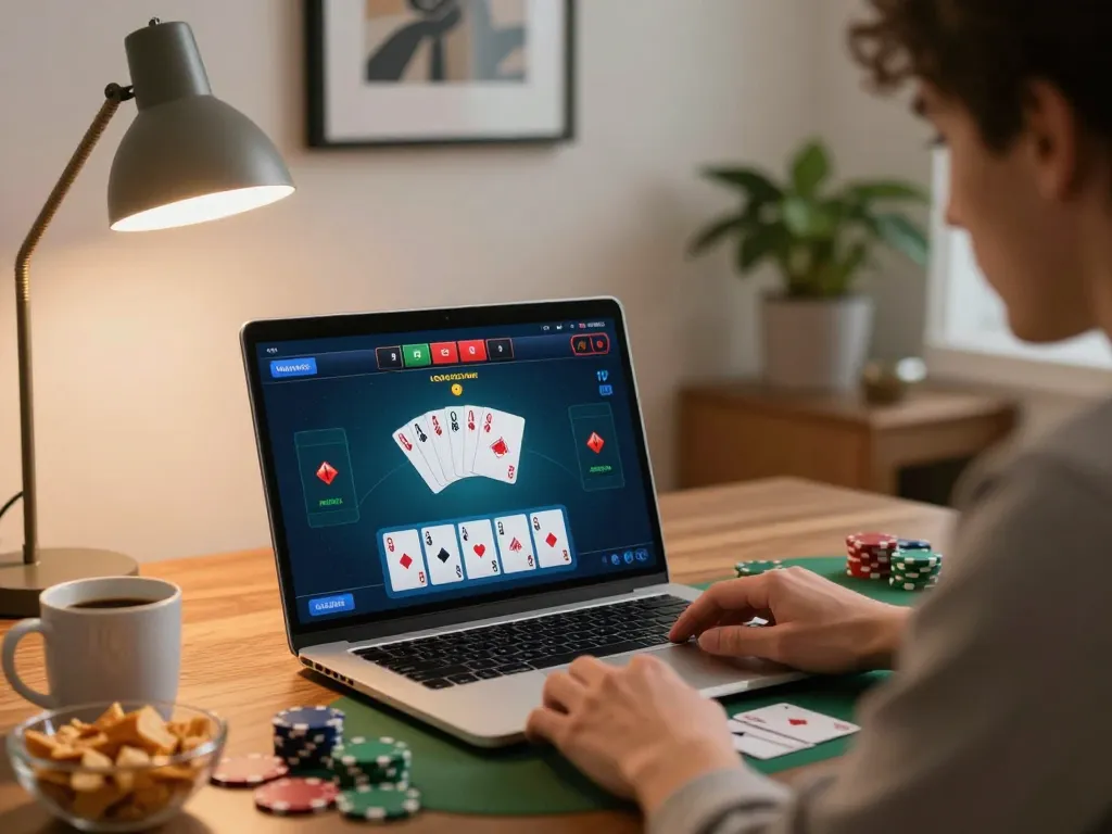 Player enjoying online poker on lucky88 platform with snacks and warm home ambiance