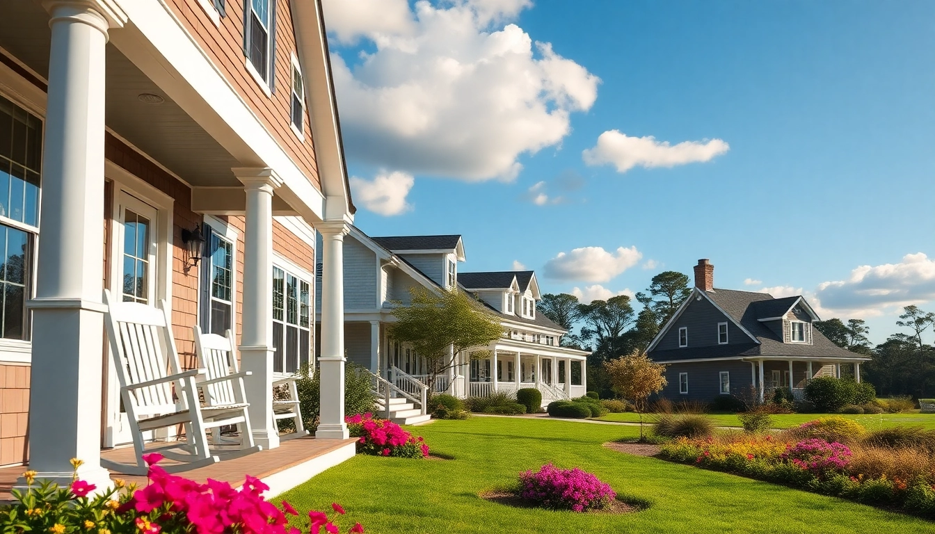 A picturesque view of cape cod homes showcasing charming architecture and lush gardens.