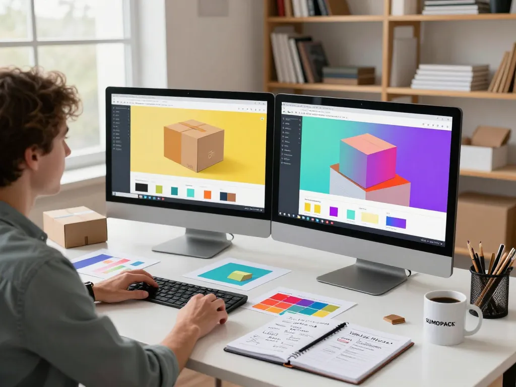 Custom carton box design workspace with vibrant layouts and materials scattered around, enhancing the creative atmosphere.