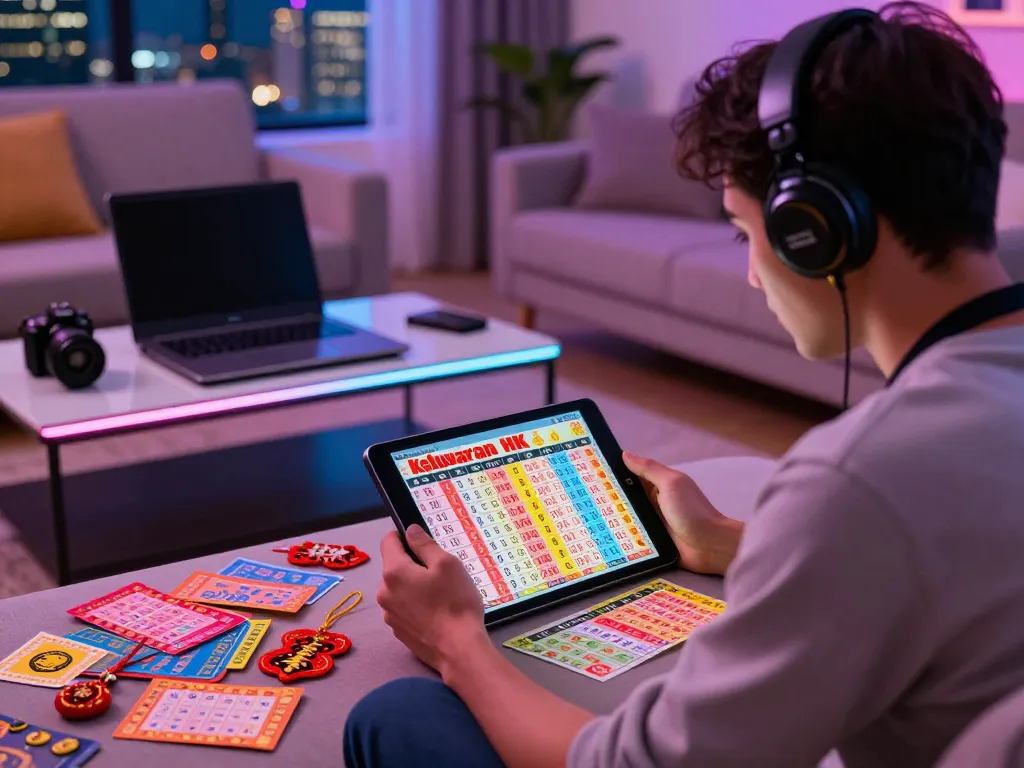 Pemain Togel Hongkong terlibat dengan tablet yang menunjukkan hasil Keluaran HK di ruang tamu modern