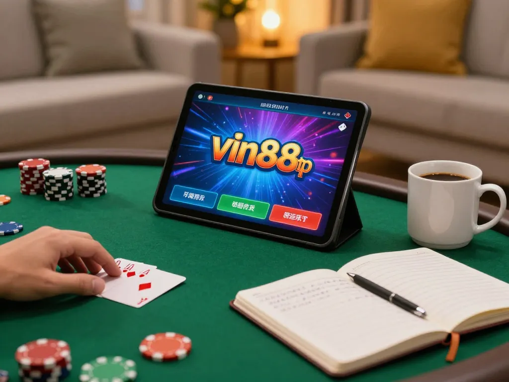 Person enjoying poker gaming on vin88tp tablet in cozy living room ambiance.