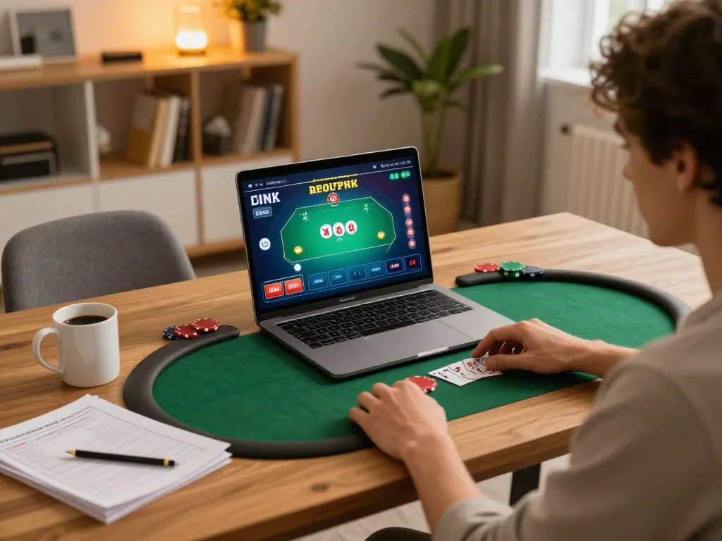 WALA88 player enjoying live poker on laptop, showcasing strategy notes and relaxed home ambiance.