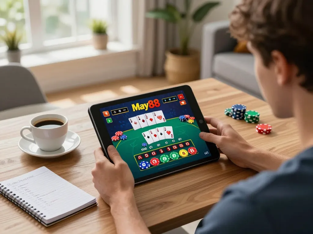 Engaged player exploring May88's interactive casino games on tablet in a cozy home setup, highlighting responsible gaming.