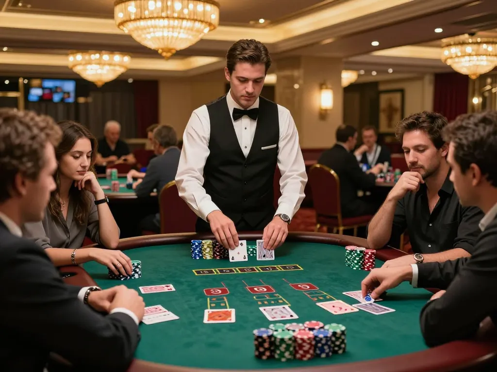 da88vip players strategizing at a blackjack table in a lively casino atmosphere