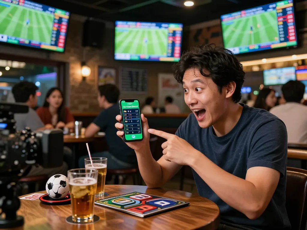 Tỷ Lệ Bóng Đá betting enthusiast excitedly pointing at smartphone in sports bar setting.