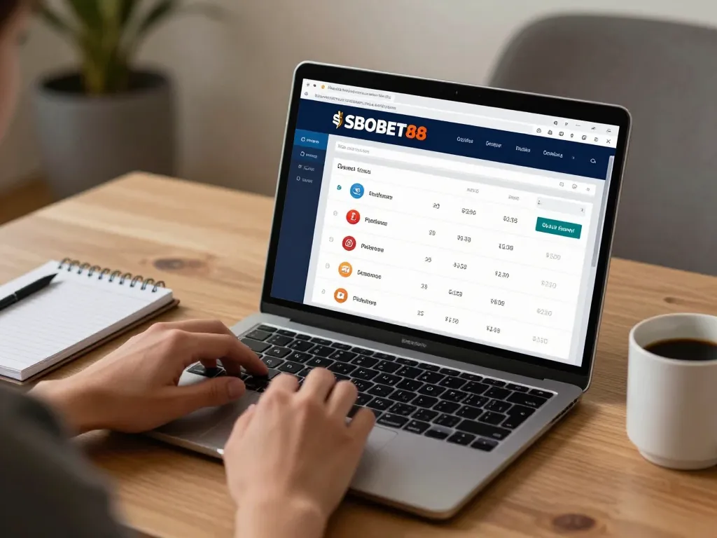 Opsi taruhan olahraga SBOBET88 yang ditampilkan di laptop selama sesi permainan yang fokus
