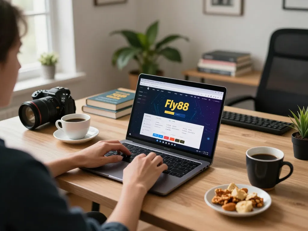 Engaging online gaming session on Fly88, featuring laptop and betting strategies.