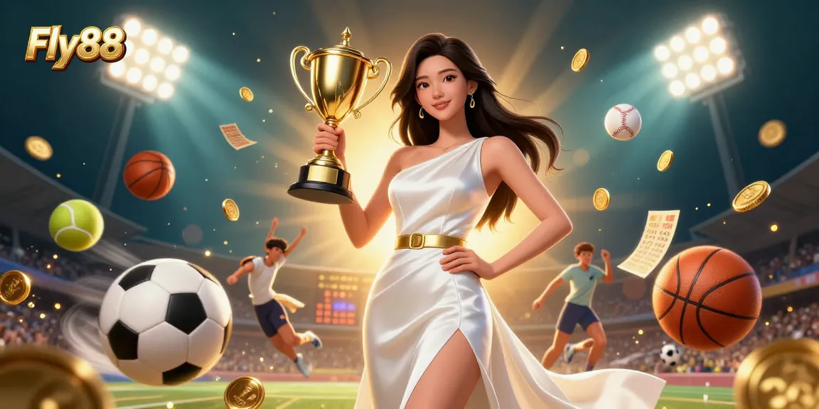 Experience the excitement of Fly88 with dynamic sports betting actions and golden trophy wins in a vibrant casino scene.