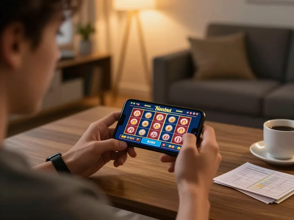 Excited player enjoying mobile slots at home, immersed in sunwin gaming experience.