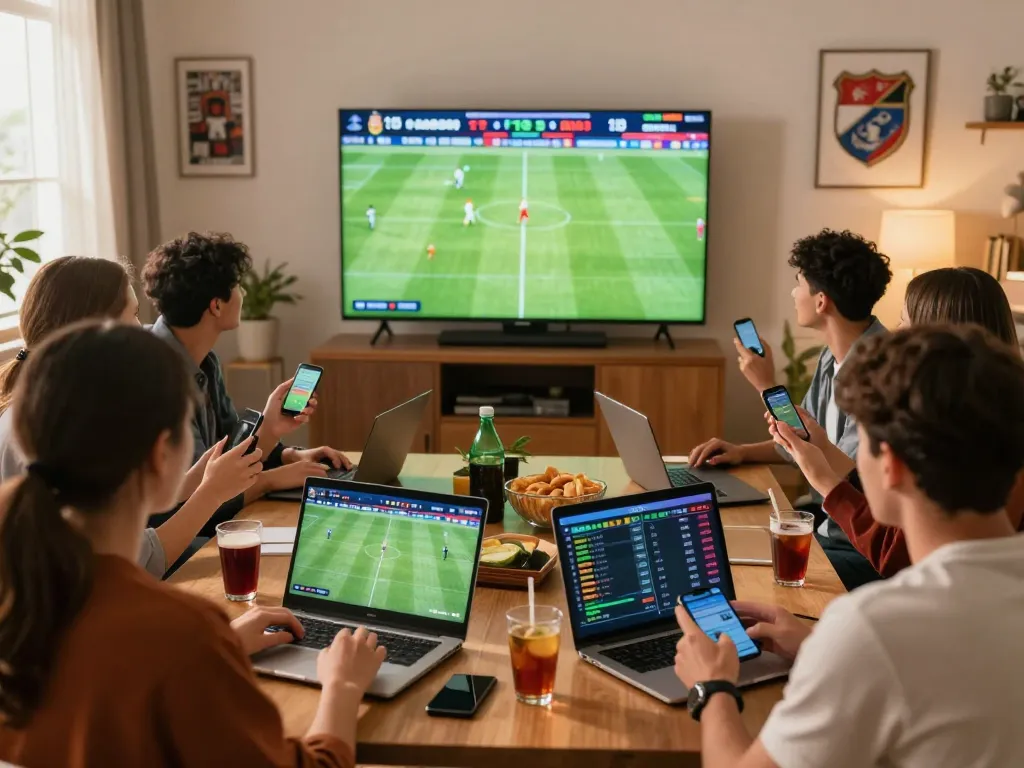 Friends engaged in online betting at https://okfun.onl/ during a football match, showcasing thrilling camaraderie.