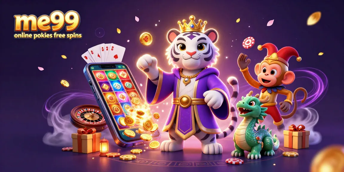 Engage with me99 online pokies free spins on an exciting 3D casino illustration featuring a white tiger and playful monkey.